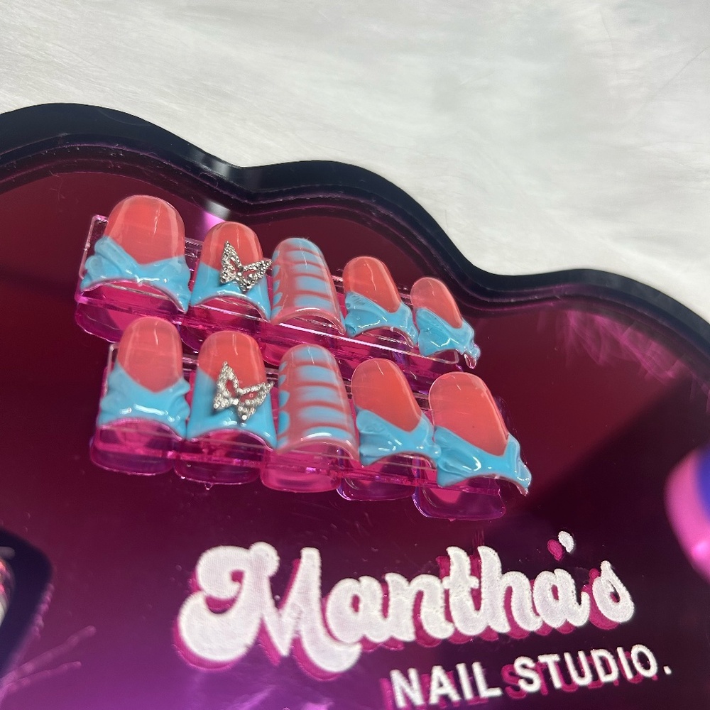 Short Duck Nails | Size Large with Blue French Tips & 3D Butterfly Charms | Free